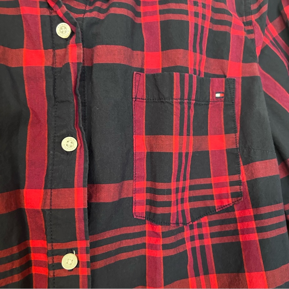 TOMMY HILFIGER ROLL-TAB PLAID UTILITY SHIRT Red/Blue Women’s Size Large - Picture 5 of 6